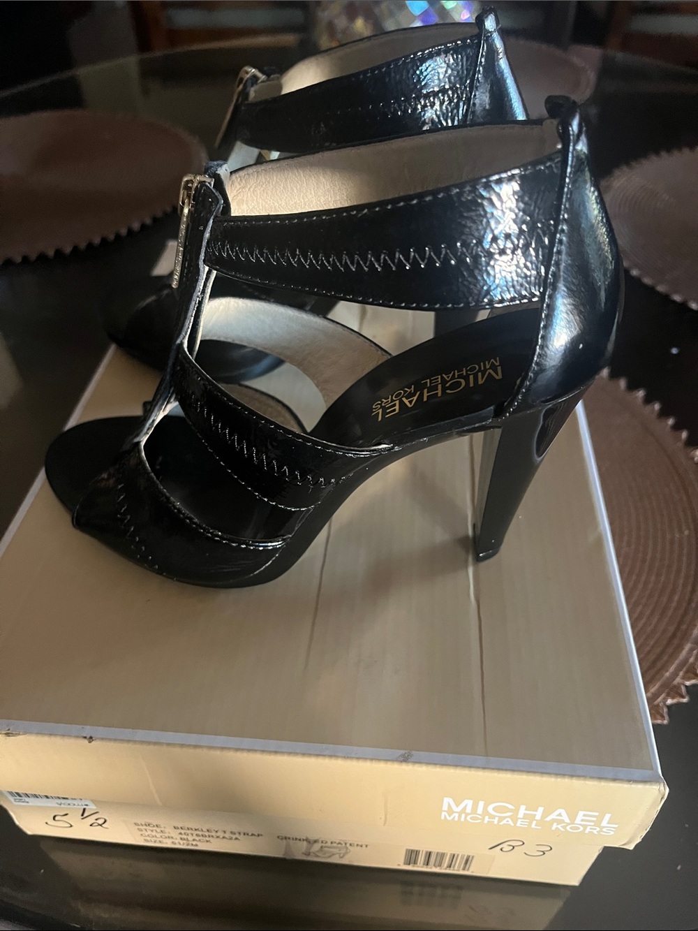 Michael Kors Black Patent Leather Front-Zip Strappy Heels